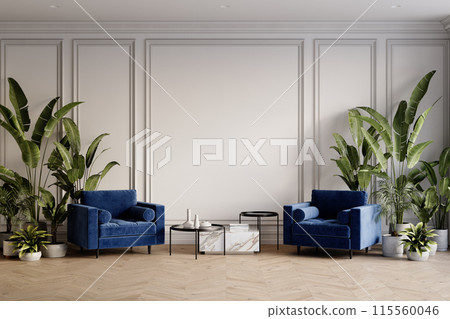 Classic white interior with blue velour armchairs, plants, moldings, coffee tables and decor. 3d render illustration mockup. 115560046