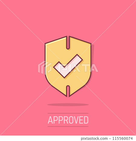 Shield with check mark icon in comic style. Protect cartoon vector illustration on isolated background. Checkmark guard splash effect business concept. 115560074