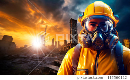 Man in Protective Biohazard Suit and Gas Mask in a Post Apocalyptic Scene - Generative Ai 115560112