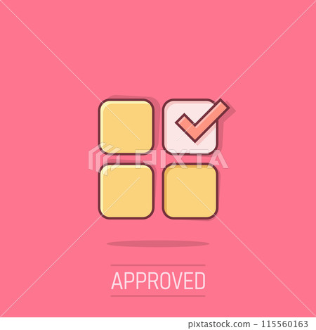 Checklist document icon in comic style. Survey cartoon vector illustration on isolated background. Check mark choice splash effect business concept. Checklist document icon in comic style. Survey cartoon vector illustration on isolated background. Check mark choice splash effect business concept. 115560163