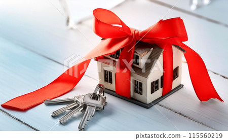 Miniature House Model with Red Ribbon and Silver House Keys - Generative Ai 115560219