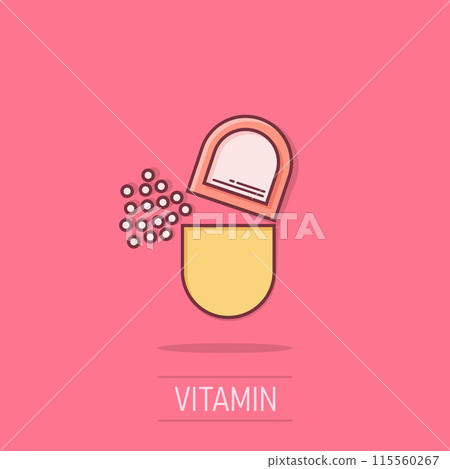 Vitamin pill note icon in comic style. Capsule cartoon vector illustration on isolated background. Antibiotic splash effect sign business concept. 115560267