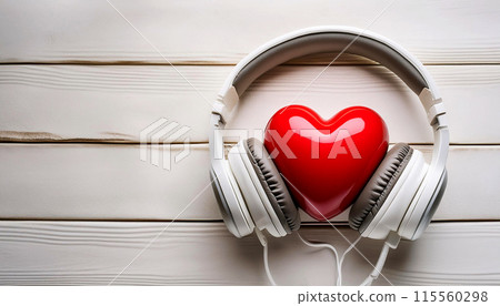 Red Heart and White Headphones on Wooden Background Love Music Concept - Generative Ai Red Heart and White Headphones on Wooden Background Love Music Concept - Generative Ai 115560298