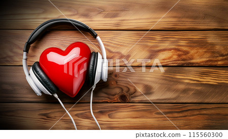 Red Heart and White Headphones on Wooden Background Love Music Concept - Generative Ai 115560300