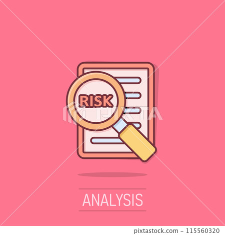 Risk management icon in comic style. Document cartoon vector illustration on isolated background. Assessment data splash effect sign business concept. 115560320