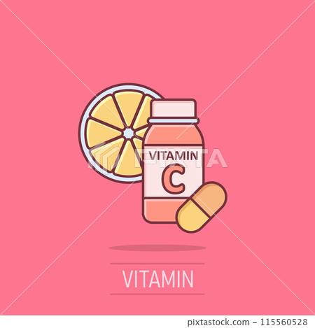 Vitamin C icon in comic style. Bottle with pill cartoon vector illustration on isolated background. Pharmacy sign business concept splash effect. 115560528