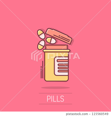 Pill bottle icon in comic style. Medical capsules cartoon vector illustration on isolated background. Pharmacy sign business concept splash effect. 115560549