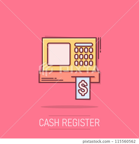 Cash register icon in comic style. Check machine cartoon vector illustration on isolated background. Payment splash effect business concept. 115560562