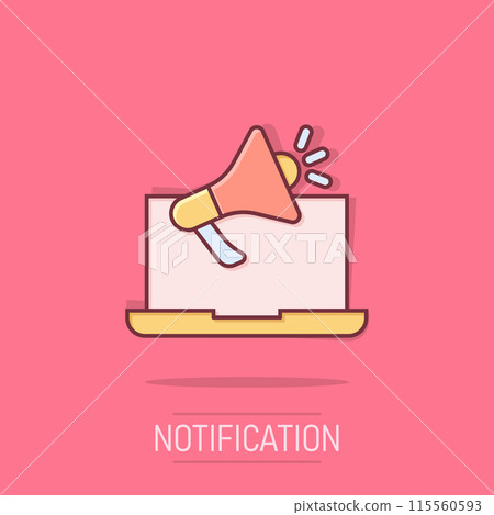 Laptop with megaphone speaker icon in comic style. Notebook bullhorn cartoon vector illustration on isolated background. Computer subscribe splash effect business concept. 115560593