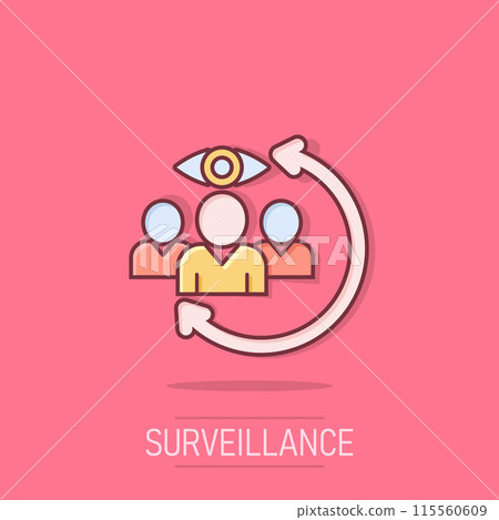 People surveillance icon in comic style. Search human cartoon vector illustration on isolated background. Partnership splash effect business concept. 115560609