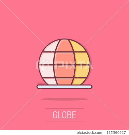 Earth planet icon in comic style. Globe geographic cartoon vector illustration on isolated background. Global communication splash effect business concept. Earth planet icon in comic style. Globe geographic cartoon vector illustration on isolated background. Global communication splash effect business concept. 115560627