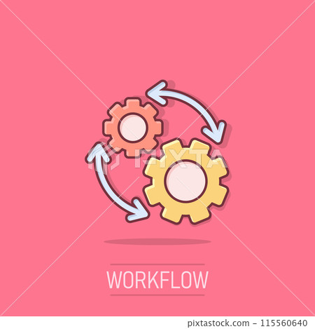 Workflow icon in comic style. Gear effective cartoon vector illustration on isolated background. Process organization splash effect business concept. 115560640