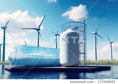 Eco-Friendly Power Generation: Hydrogen Tanks and Wind Generators - Generative AI 115560685