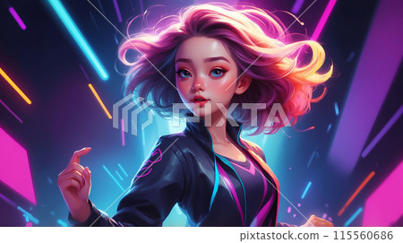 Cute young girl dancing for fun in neon lights 115560686