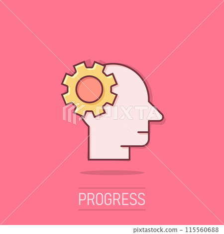 Human head with cogwheel icon in comic style. Technology progress cartoon vector illustration on isolated background. Face and gear splash effect business concept. Human head with cogwheel icon in comic style. Technology progress cartoon vector illustration on isolated background. Face and gear splash effect business concept. 115560688