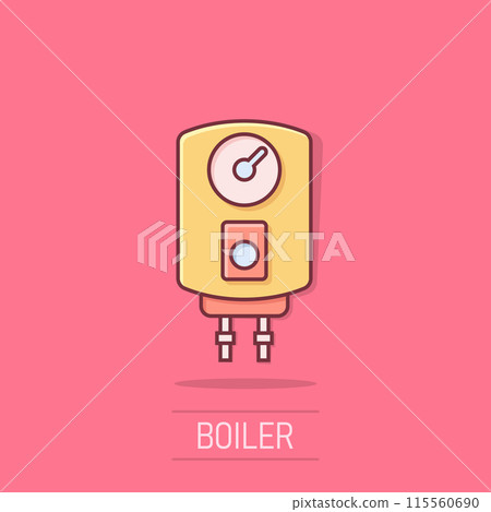 Gas boiler icon in comic style. Heater cartoon vector illustration on isolated background. Boiling splash effect sign business concept. 115560690