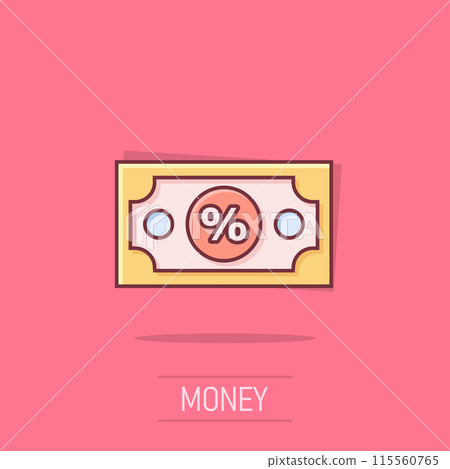 Dollar currency banknote icon in comic style. Dollar cash discount cartoon vector illustration on isolated background. Banknote bill with percent splash effect business concept. 115560765