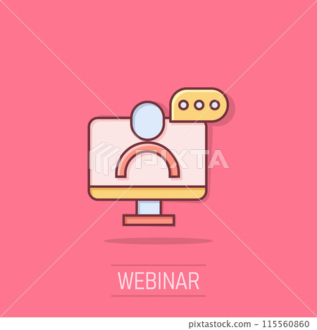 Live webinar icon in comic style. Online training cartoon vector illustration on isolated background. Conference stream splash effect sign business concept. 115560860