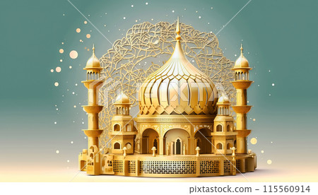 Gleaming Mosque and Temple: Muslim Festive Ambiance - Generative AI 115560914
