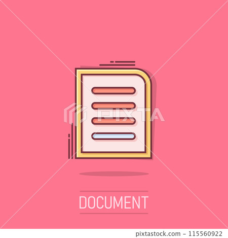 Contract document icon in comic style. Report folder stamp cartoon vector illustration on isolated background. Paper sheet splash effect sign business concept. Contract document icon in comic style. Report folder stamp cartoon vector illustration on isolated background. Paper sheet splash effect sign business concept. 115560922