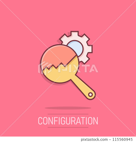 Loupe with gear icon in comic style. Magnifying glass cartoon vector illustration on isolated background. Seo exploration splash effect business concept. 115560945