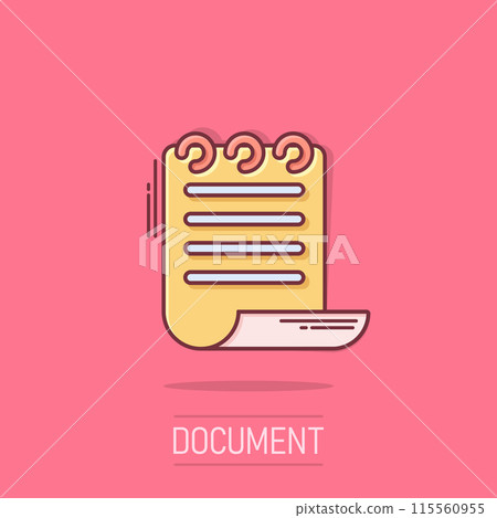 Document book icon in comic style. Paper sheet cartoon vector illustration on isolated background. Notepad document splash effect business concept. 115560955