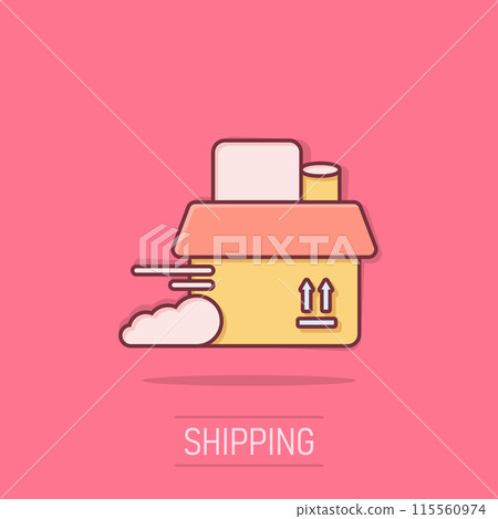 Open cardboard icon in comic style. Shipping box cartoon vector illustration on isolated background. Container sign business concept splash effect. 115560974
