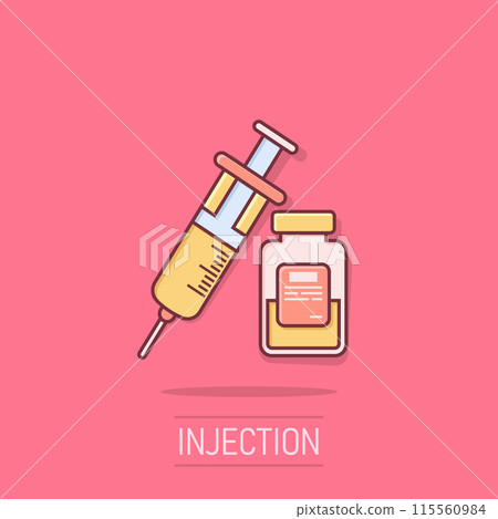 Syringe icon in comic style. Coronavirus vaccine inject cartoon vector illustration on isolated background. Covid-19 vaccination splash effect sign business concept. Syringe icon in comic style. Coronavirus vaccine inject cartoon vector illustration on isolated background. Covid-19 vaccination splash effect sign business concept. 115560984
