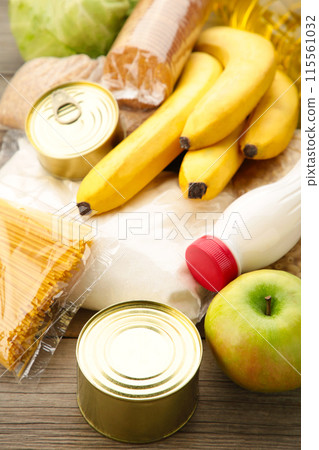 Food donations on the grey background. Top view 115561032
