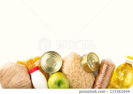 Food donations isolated on the white background. Top view 115561044