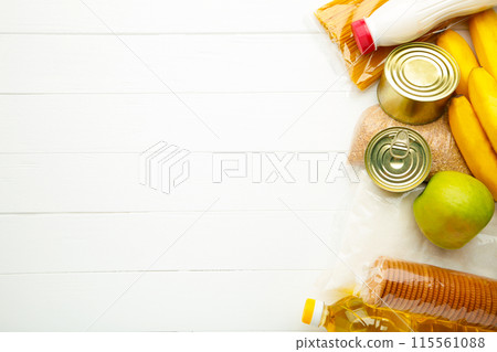 Food donations on the white background. Top view 115561088