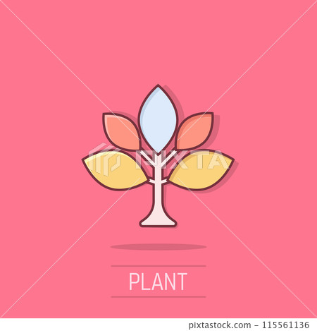 Leaf icon in comic style. Plant cartoon vector illustration on isolated background. Flower splash effect sign business concept. 115561136