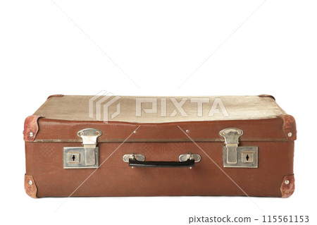 Vintage leather suitcase on isolated white background 115561153