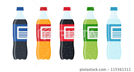 Soda drink icons set in flat style. Plastic bottle vector illustration on isolated background. Water beverage sign business concept. Soda drink icons set in flat style. Plastic bottle vector illustration on isolated background. Water beverage sign business concept. 115561311