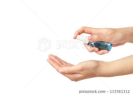 Human hands use sanitazer spray isolated on a white background. Covid 19 Human hands use sanitazer spray isolated on a white background. Covid 19 115561312