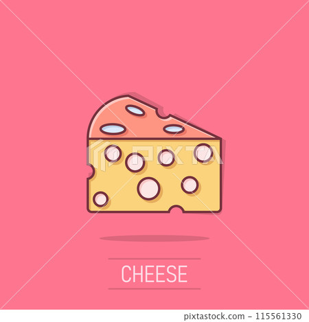 Cheese slice icon in comic style. Milk food cartoon vector illustration on isolated background. Breakfast splash effect sign business concept. 115561330