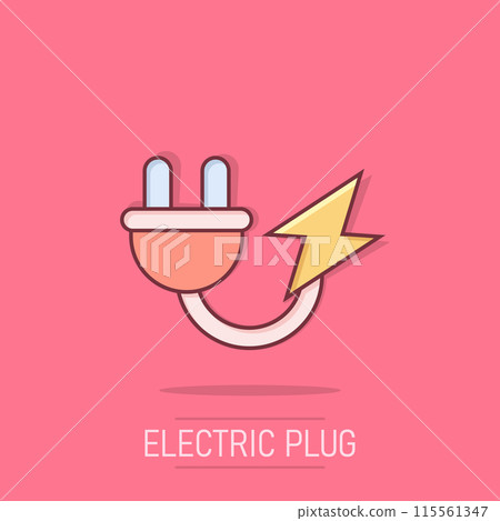 Electric plug icon in comic style. Power adapter cartoon vector illustration on isolated background. Electrician splash effect sign business concept. 115561347