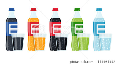 Soda drink icons set in flat style. Plastic bottle and glass vector illustration on isolated background. Water beverage sign business concept. 115561352