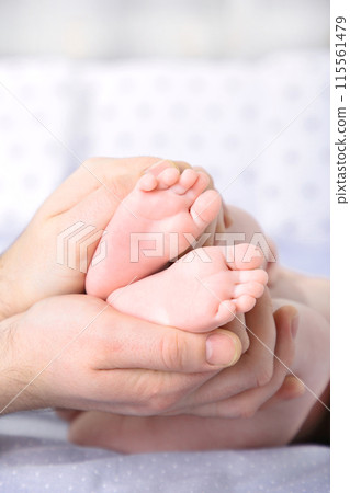 Father hands holding small baby feet on bed Father hands holding small baby feet on bed 115561479