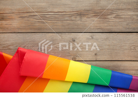 Rainbow LGBT flag on grey wooden background with copy space Rainbow LGBT flag on grey wooden background with copy space 115561538