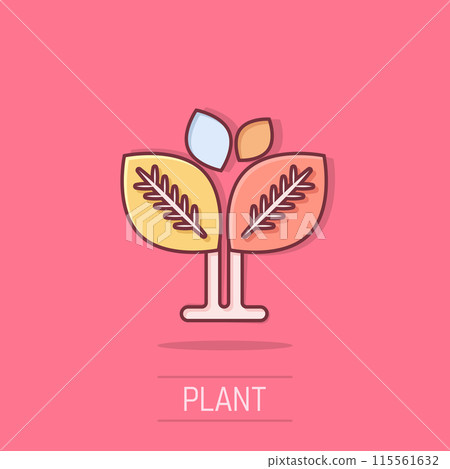 Leaf icon in comic style. Plant cartoon vector illustration on isolated background. Flower splash effect sign business concept. 115561632