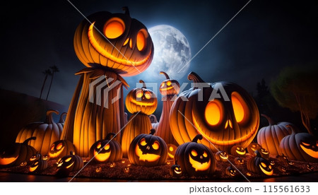 A Glowing Grove of Jack-O-Lanterns Under a Full Moons Watch. Generative AI A Glowing Grove of Jack-O-Lanterns Under a Full Moons Watch. Generative AI 115561633