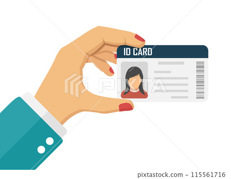 Hand holding driver license icon in flat style. Identification document vector illustration on isolated background. Profile card sign business concept. 115561716