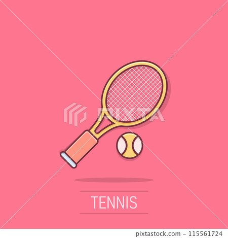 Tennis racket icon in comic style. Gaming racquet cartoon vector illustration on isolated background. Sport activity splash effect sign business concept. 115561724