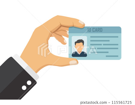 Hand holding driver license icon in flat style. Identification document vector illustration on isolated background. Profile card sign business concept. 115561725