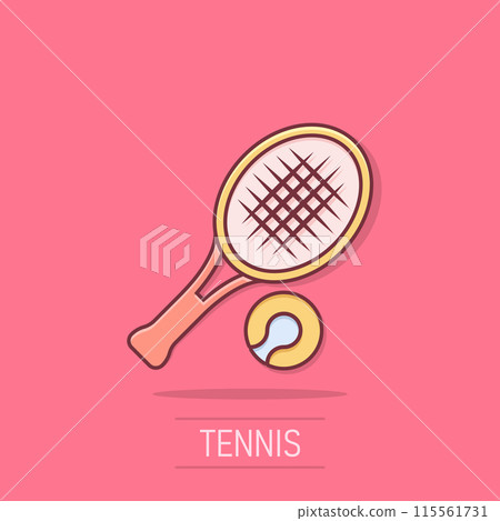 Tennis racket icon in comic style. Gaming racquet cartoon vector illustration on isolated background. Sport activity splash effect sign business concept. 115561731