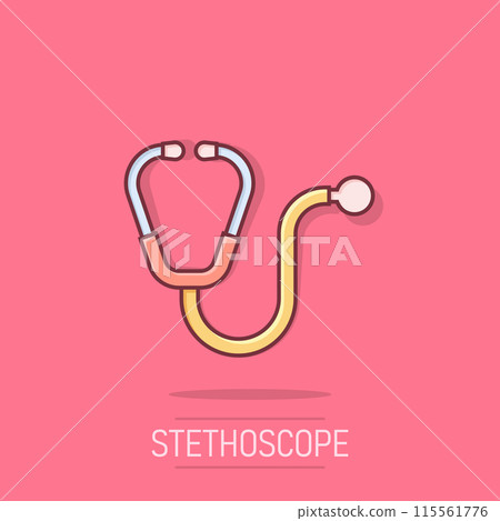 Stethoscope icon in comic style. Heart diagnostic cartoon vector illustration on isolated background. Medicine splash effect sign business concept. 115561776