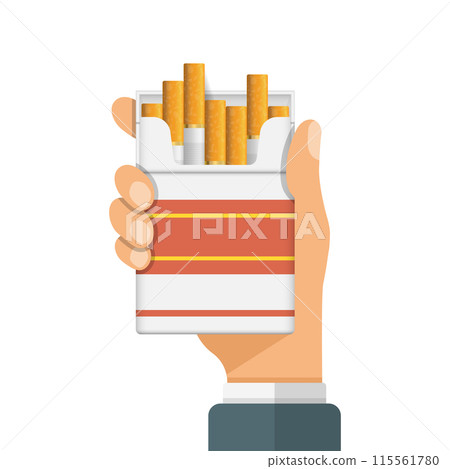 Hand holding packet of cigarettes icon in flat style. Smoking vector illustration on isolated background. Tobacco box sign business concept. 115561780