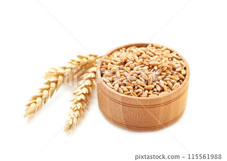 Spikelets of wheat with wheat in bowl isolated on white background.Top view Spikelets of wheat with wheat in bowl isolated on white background.Top view 115561988
