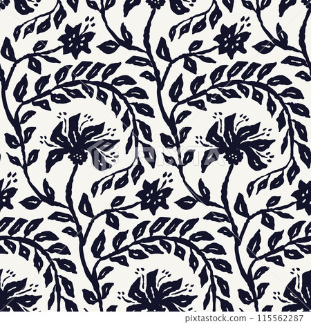 Monochrome black and white brush strokes inky flowers seamless pattern 115562287